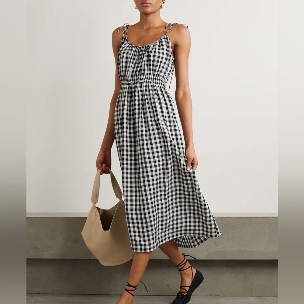 Doen Leslie tie-detailed smocked gingham voile midi dress sz L